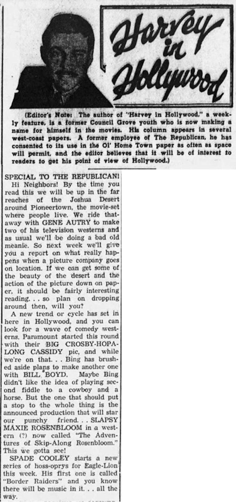 Harvey in Hollywood Aug. 29, 1950 clipping