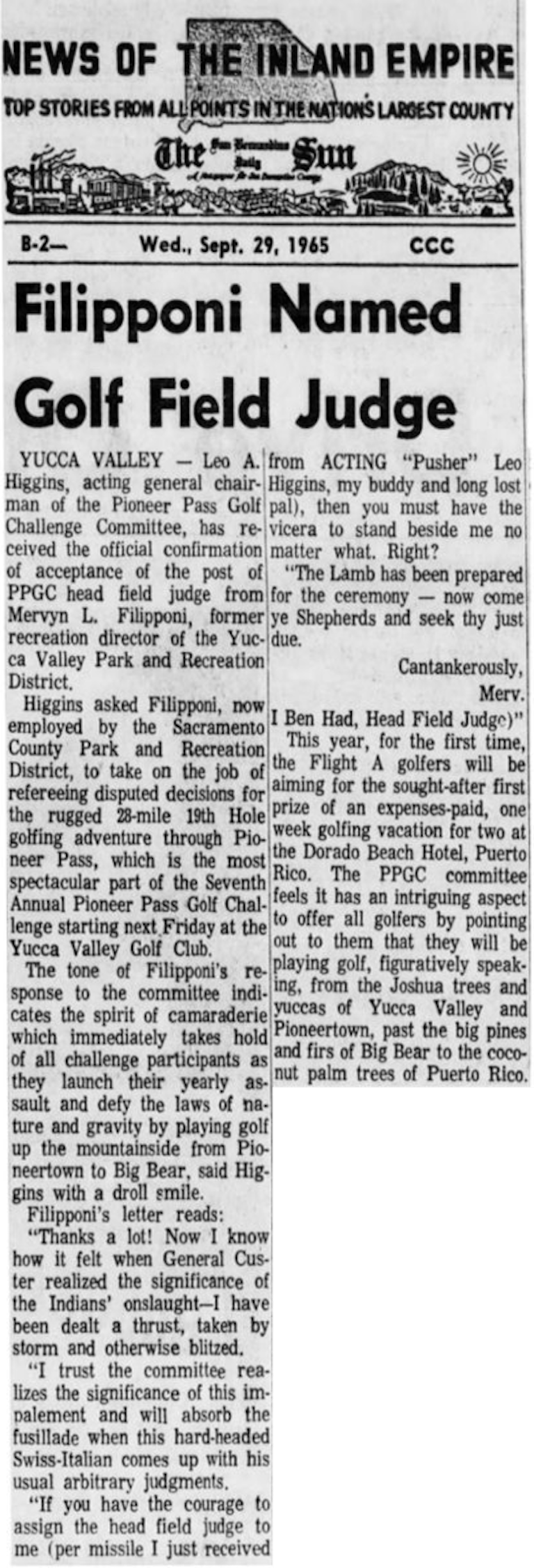 Sept. 29, 1965 - The San Bernardino County Sun article clipping