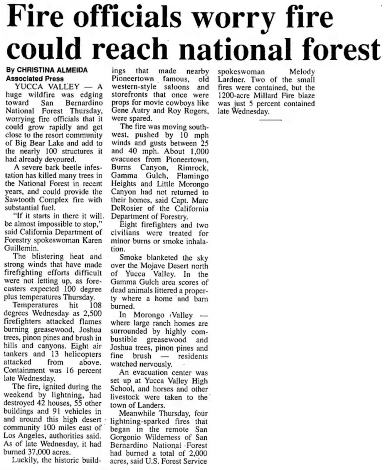 Fire near national forest - July 14, 2006 - Ukiah Daily Journal article clipping