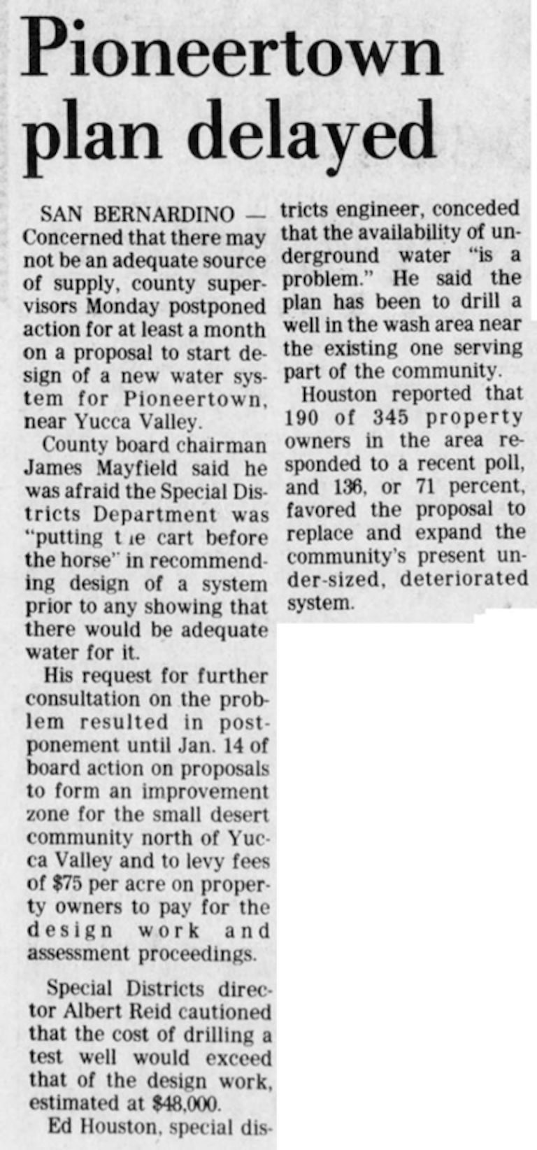 Pioneertown plan delyed article clipping