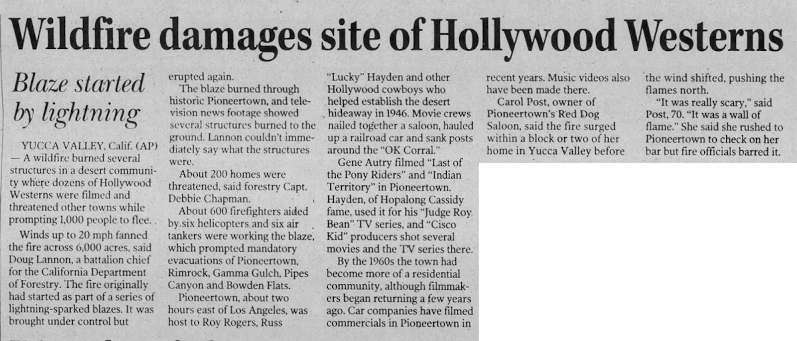 July 12, 2006 Wildfire article clipping